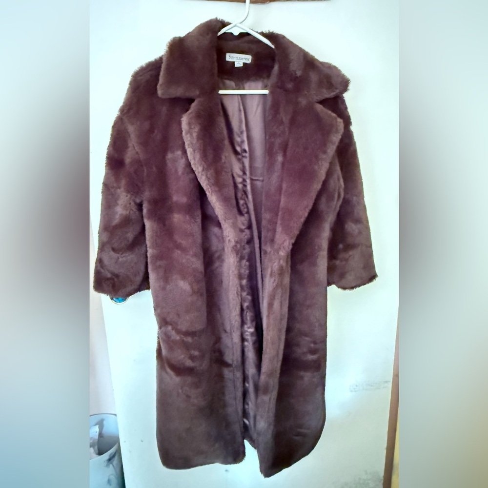 Settledown Plush Faux Fur Long Coat - Brown with 3/4 sleeves